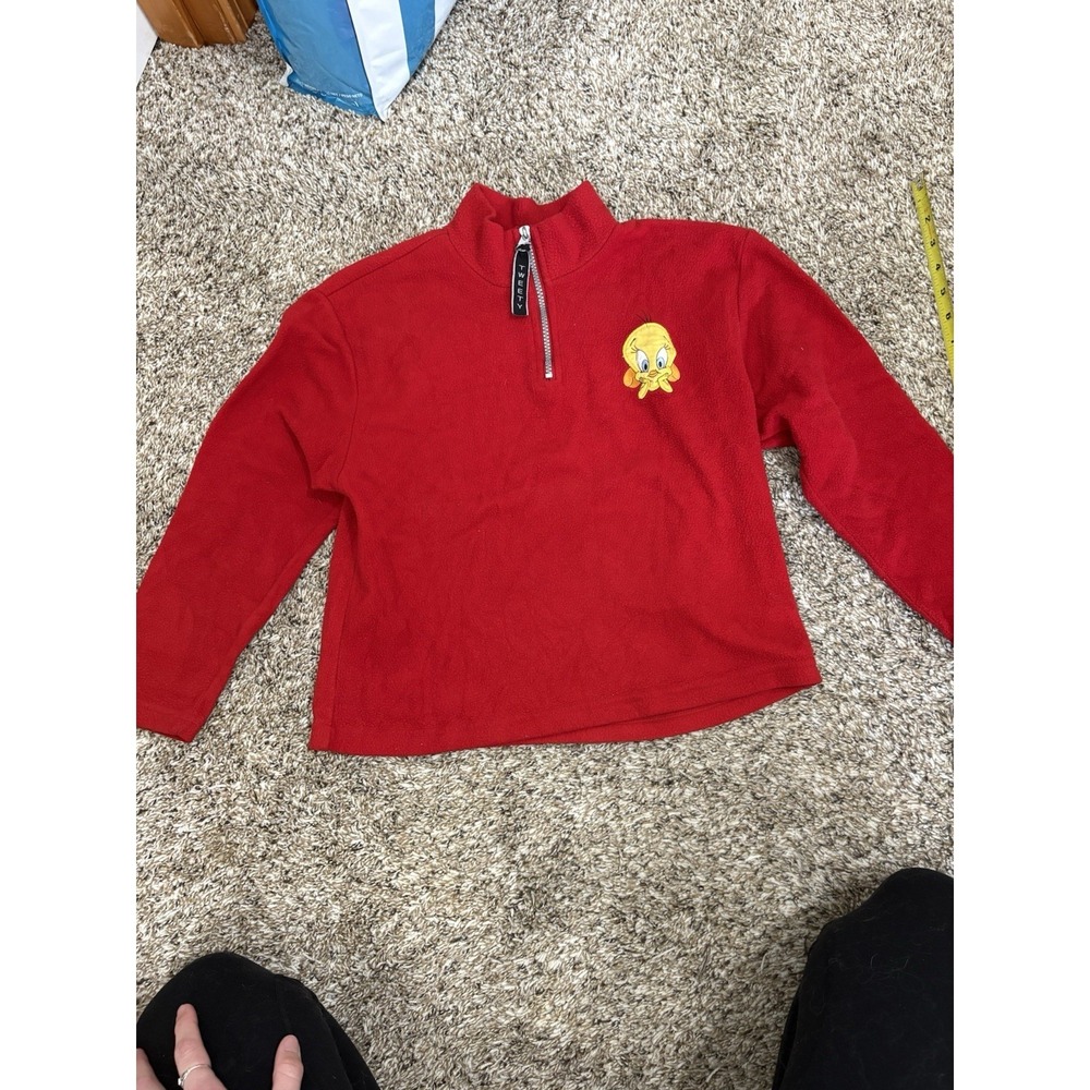 Vintage 1997 WB Looney Tunes Tweety 1/4 Zip Fleece Pullover Red Youth Med 8/10
